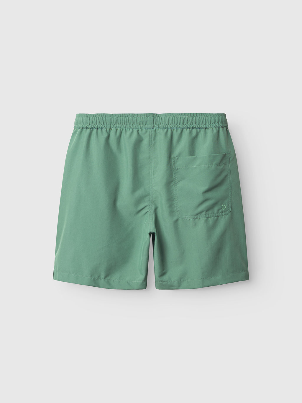 The Jackson Plain - Green Sea swim shorts by Gabba feature an elastic waistband, single back pocket, and side pockets. Shown flat from the back on a light gray background.