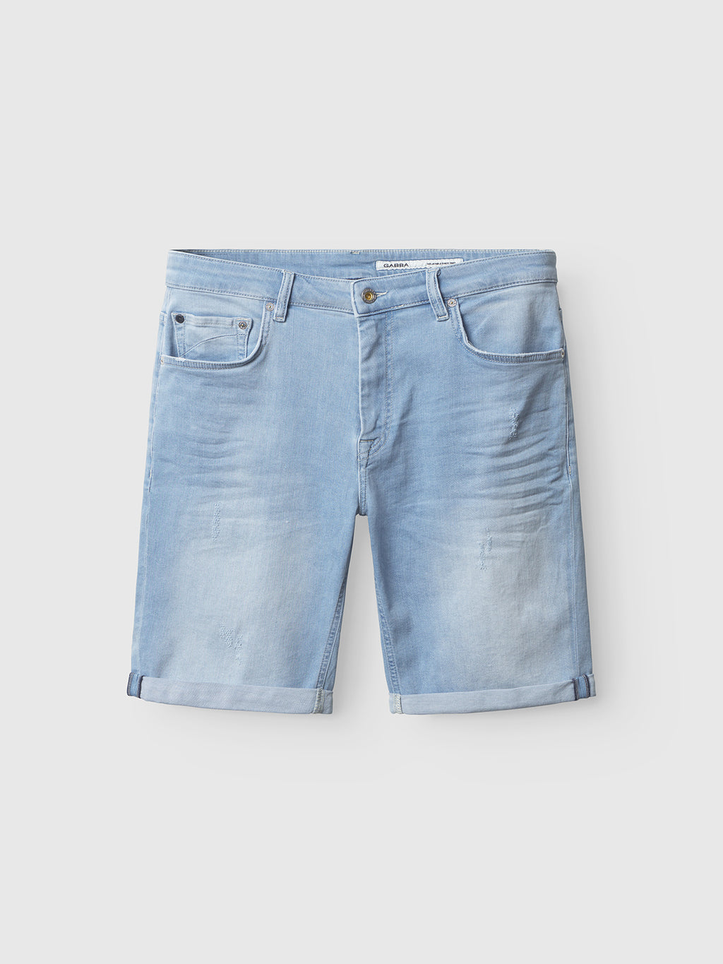 Gabba Markus K3987 Shorts in light blue denim, featuring a comfortable fit, button and zipper closure, front and back pockets, coin pocket, slight fading and distressing, plus rolled-up hems. Displayed flat on a plain light background.