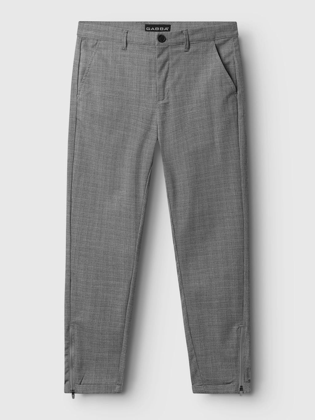 The GABBA Pisa Cross Lt Grey pants feature a tailored fit in high-stretch cotton-blend, with button and zip closure, side pockets, and ankle zip details—shown flat on a white background for a sharp metro style.