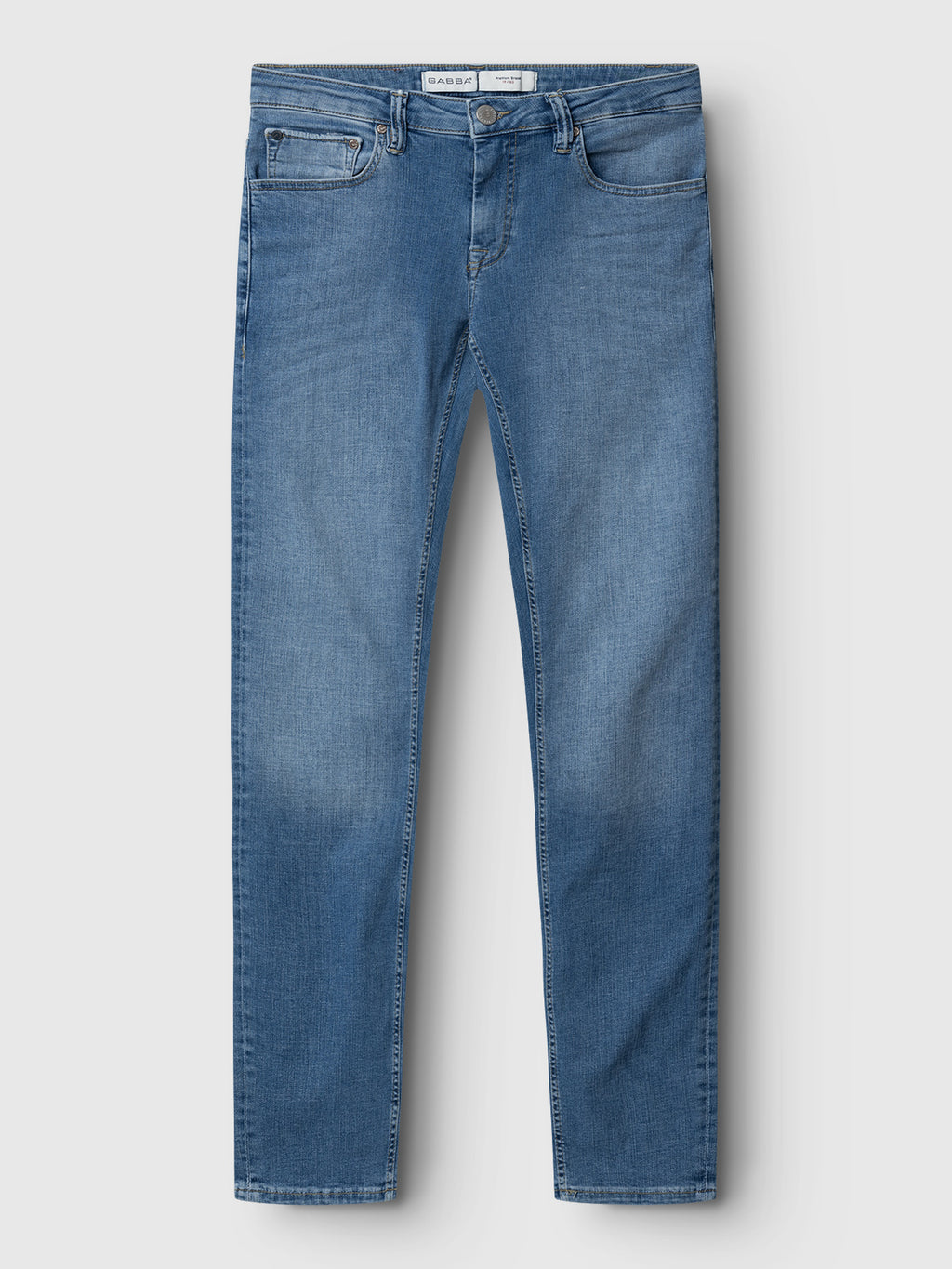 The GABBA GABjones K2615 Lt. - Denim wash jeans feature a classic blue slim fit with straight leg, front and back pockets, button closure, and high-flex super-stretch fabric, shown flat on a white background.
