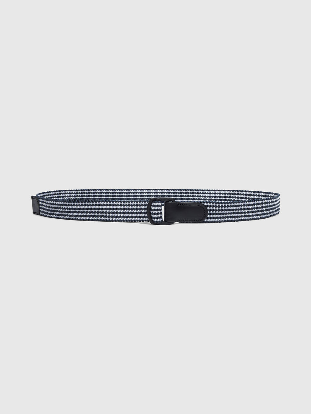 The Gabba Manica Belt - Navy Stripe features a stylish navy striped nylon design with a sleek black metal buckle, showcased on a light gray background.