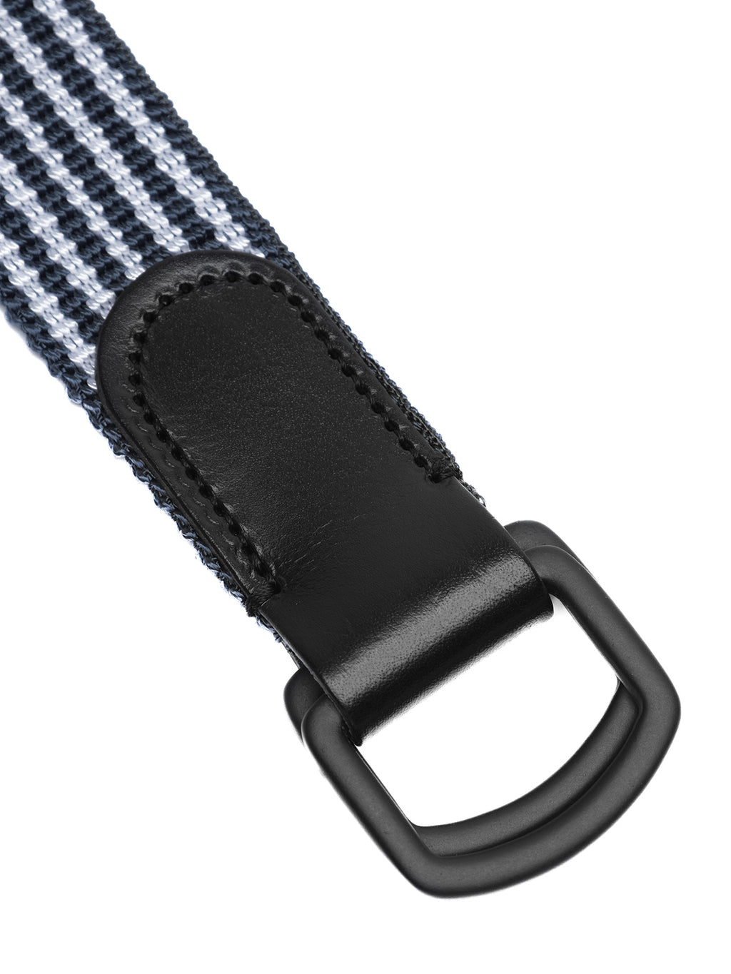 Close-up of the Gabba Manica Belt - Navy Stripe, showcasing a high-quality nylon strap with navy stripes, a black leather end, and a sleek black metal buckle.