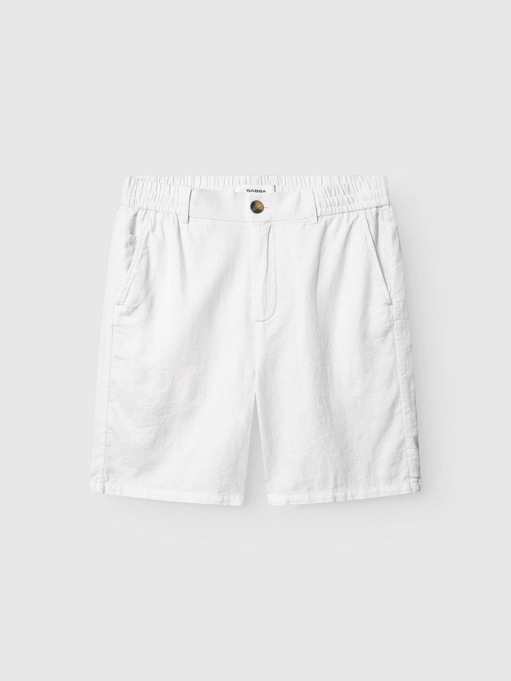 The Alfa Lino - White shorts by Gabba feature an elastic waistband, side pockets, and a button closure for superior comfort. Shown flat on a light gray background.