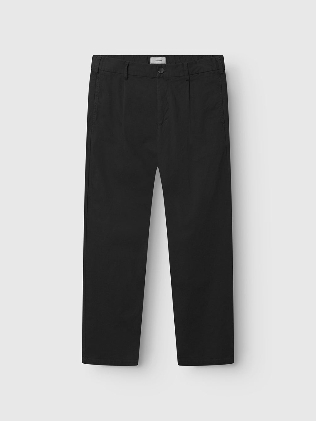 The Imola Kuadro - Black pants by Gabba are straight-leg, garment-dyed stretch trousers with belt loops, side pockets, and a button closure, shown against a plain white background.