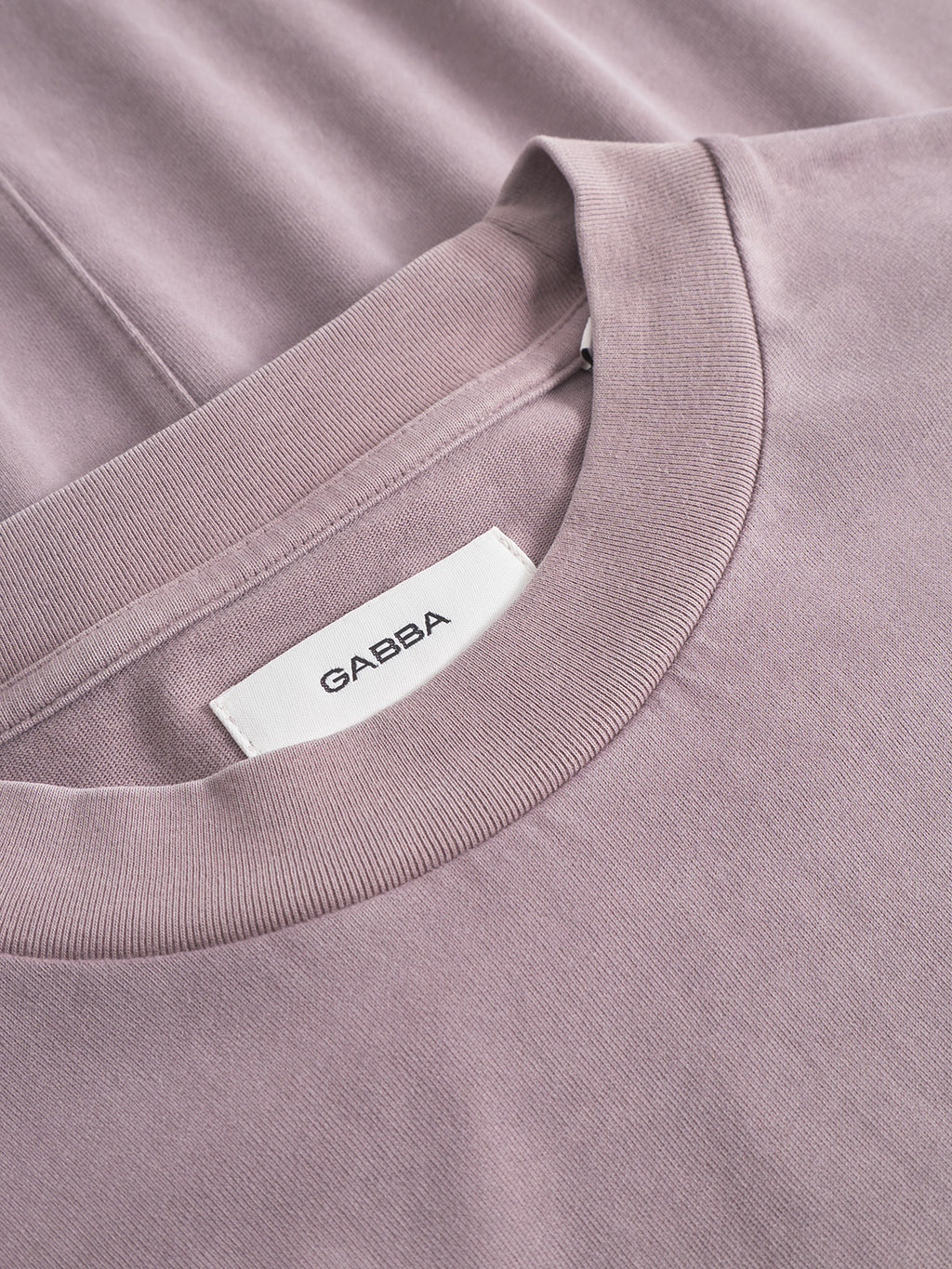 Close-up of the Gabba Nigel Wix Boxy Peso SS t-shirt in Dust Purple cotton jersey, featuring a crew neck and a white collar label with the brand name in black. The fabric looks smooth and soft with a boxy fit.