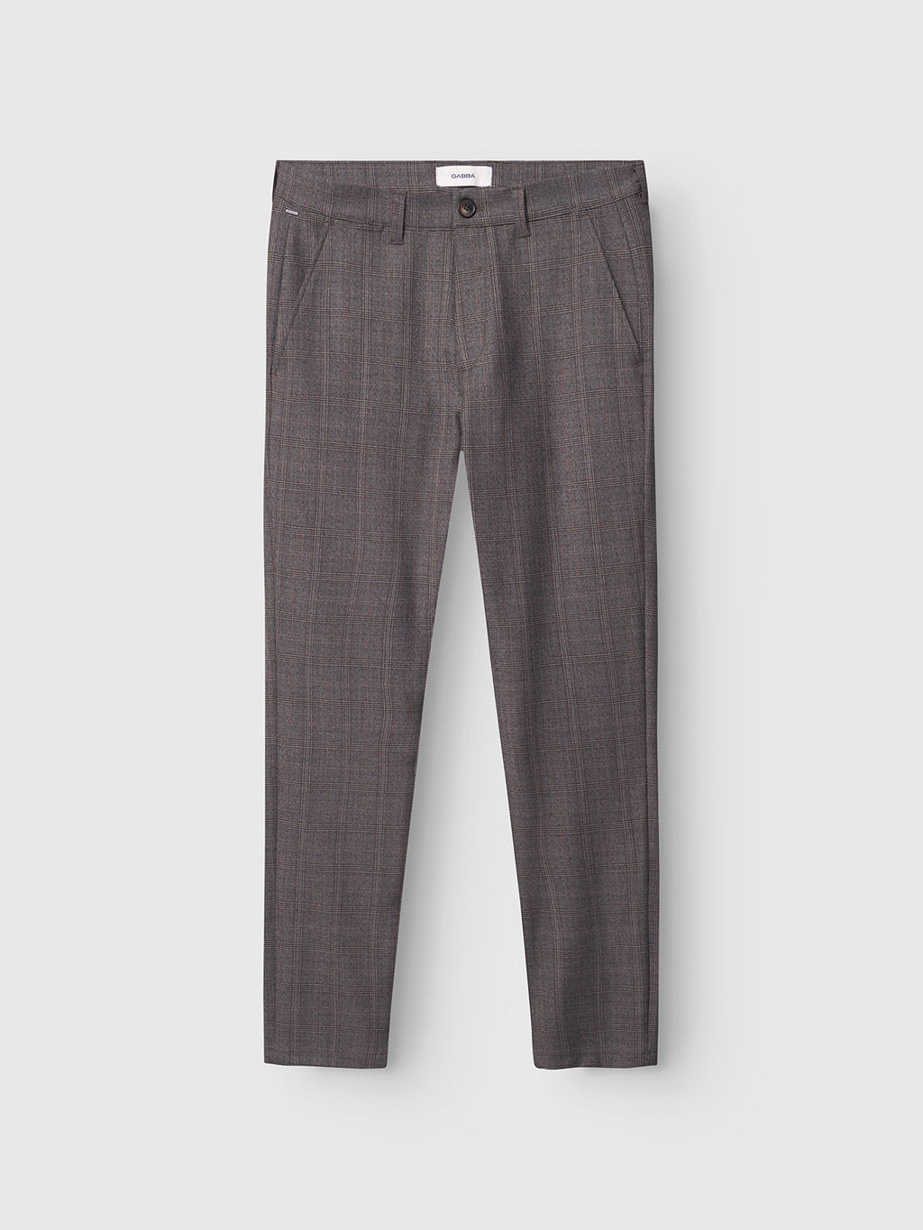 Paul Tinun - Brown Check slim straight pants by Gabba, featuring a subtle check pattern, stretch comfort, front pockets, belt loops, and a button closure, displayed against a light grey background.