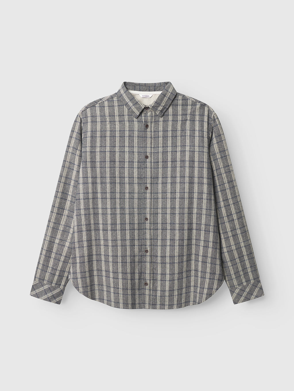 The Gabba Sven Reg Herri LS - Grey is a premium mens long-sleeve shirt featuring a gray and beige plaid pattern, classic collar, and dark buttons, showcased against a plain white background.