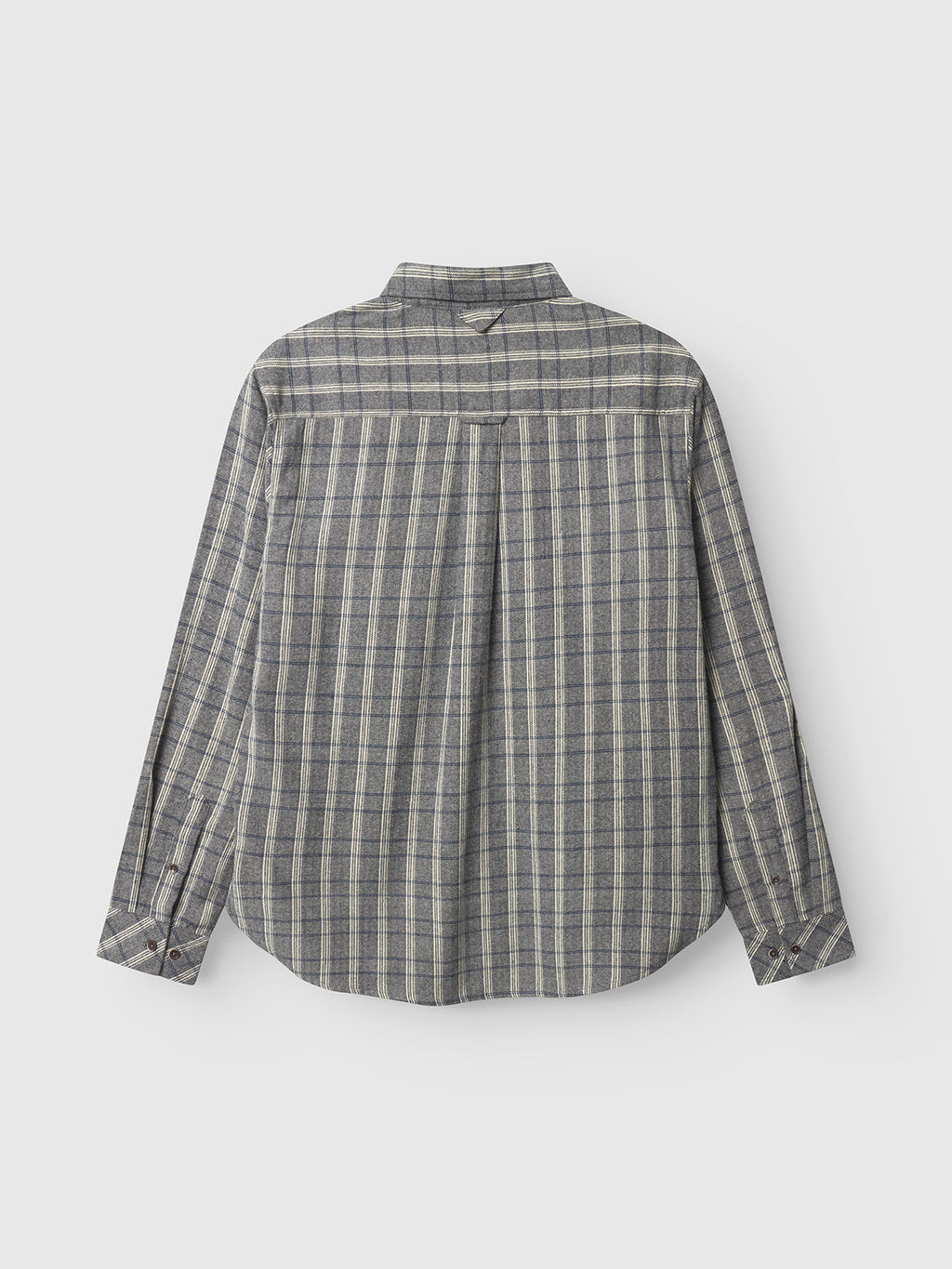 Back view of the Gabba Sven Reg Herri LS - Grey: a premium mens long-sleeve cotton shirt with gray and beige plaid, collar, and buttoned cuffs, laid flat on a light gray background.