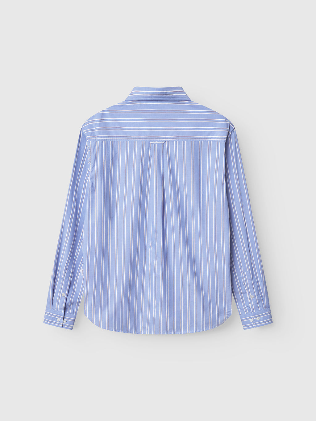 Back view of the Gabba Sven Reg Clo Ls - Blue Stripe shirt, featuring 100% cotton, blue and white vertical stripes, a classic collar, horizontal striped yoke, and center pleat detail.