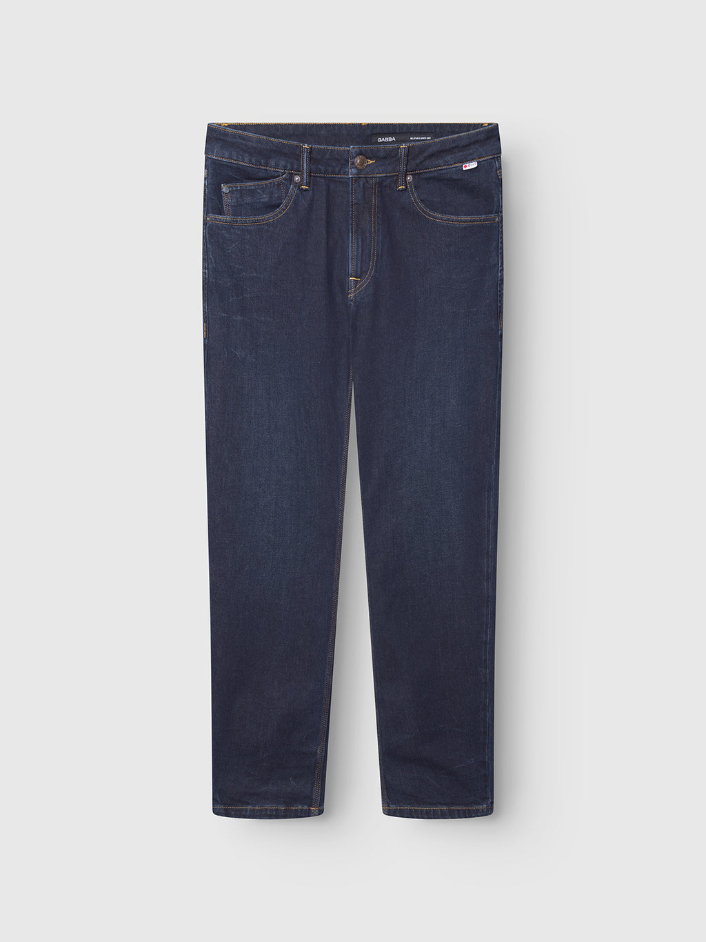 The Gabba Carl Willo - Mid Blue Denim jeans feature a classic straight-leg fit in comfort stretch, five pockets, and a button-zip closure, shown against a light gray background.