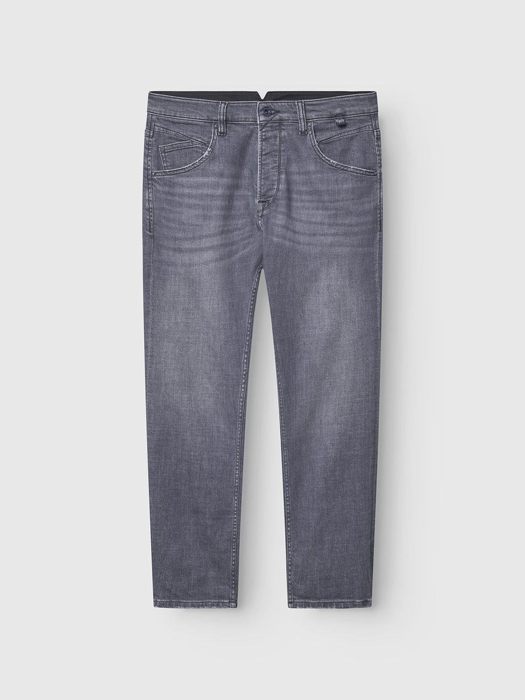 The Gabba Alex Sotto - Grey Denim is a pair of relaxed tapered jeans in soft stretch cotton, featuring front and back pockets, button and zipper closure, shown flat on a white background.