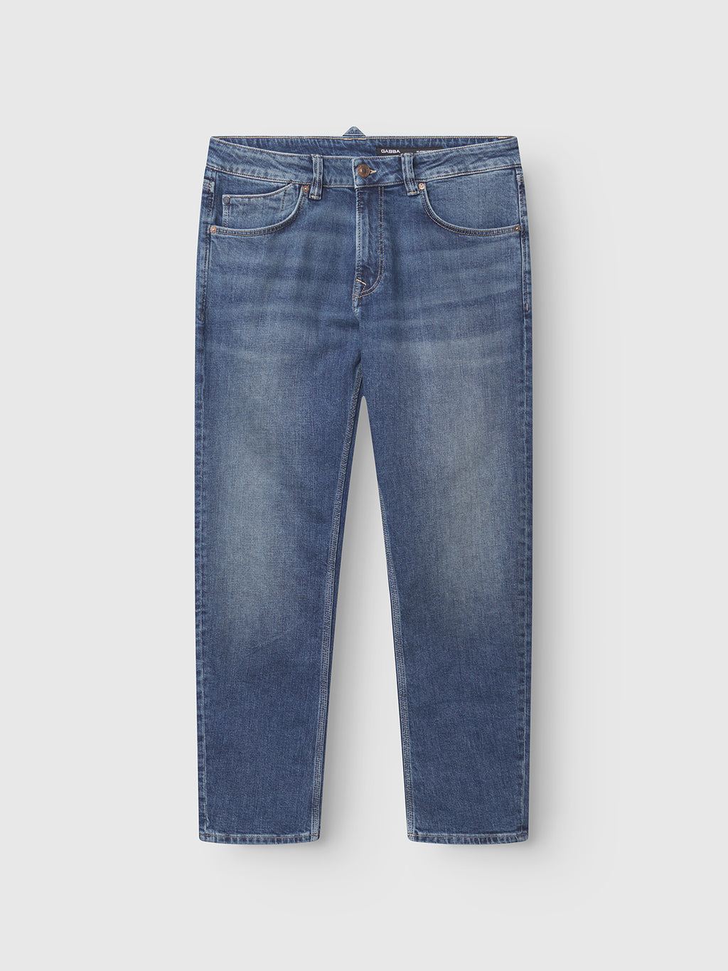The Gabba Carl Jingo dark blue denim jeans feature a straight-leg cut, five pockets, and a button-zip closure, displayed flat against a white background.