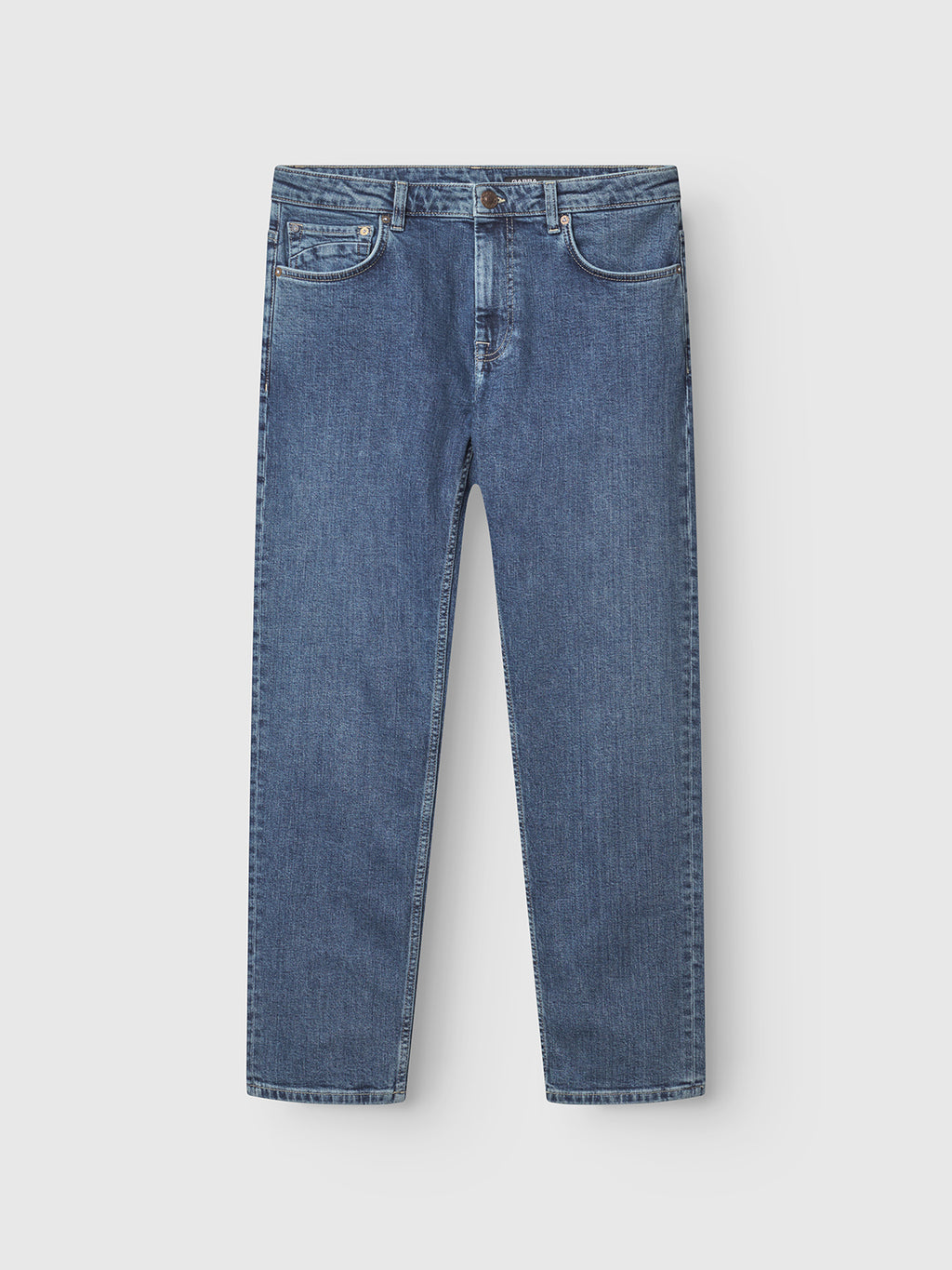 The Gabba Marc Jingo jeans in dark blue denim feature a classic straight-leg fit, comfort stretch, five pockets, belt loops, and a button closure, shown flat against a light background.