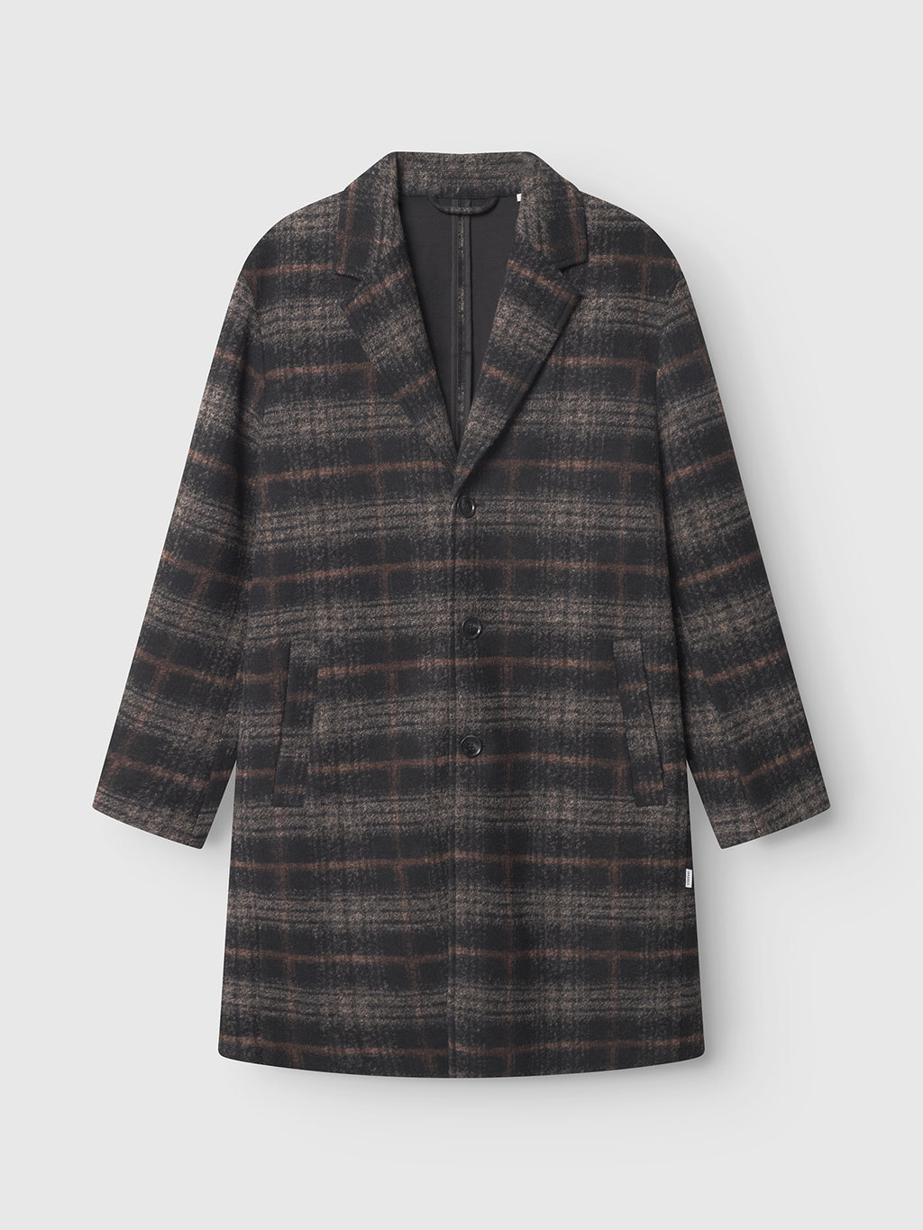 The Gabba Leeds Cast - Multi Check is a long, dark plaid overcoat in a winter check pattern with a notched collar, button front, and two side pockets, crafted from brushed wool-blend and shown against a plain white background.