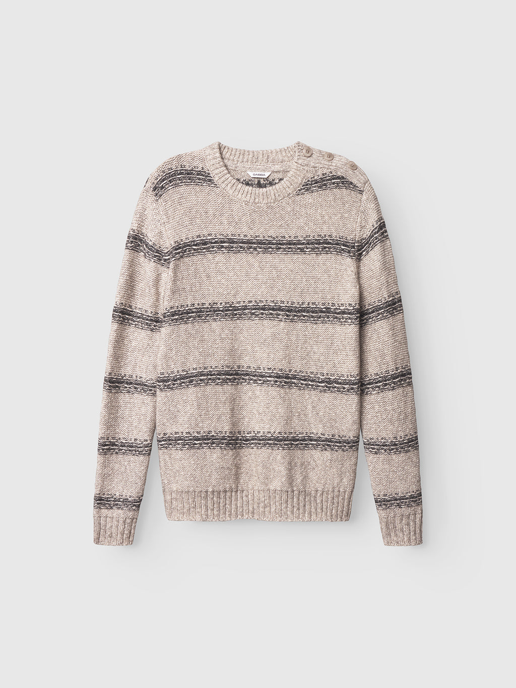 The Gabba Osaka Fay LS - Ecru is a long-sleeve top with horizontal dark gray stripes on beige melange yarn, and features a ribbed crewneck, cuffs, and hem. Shown against a plain light background.