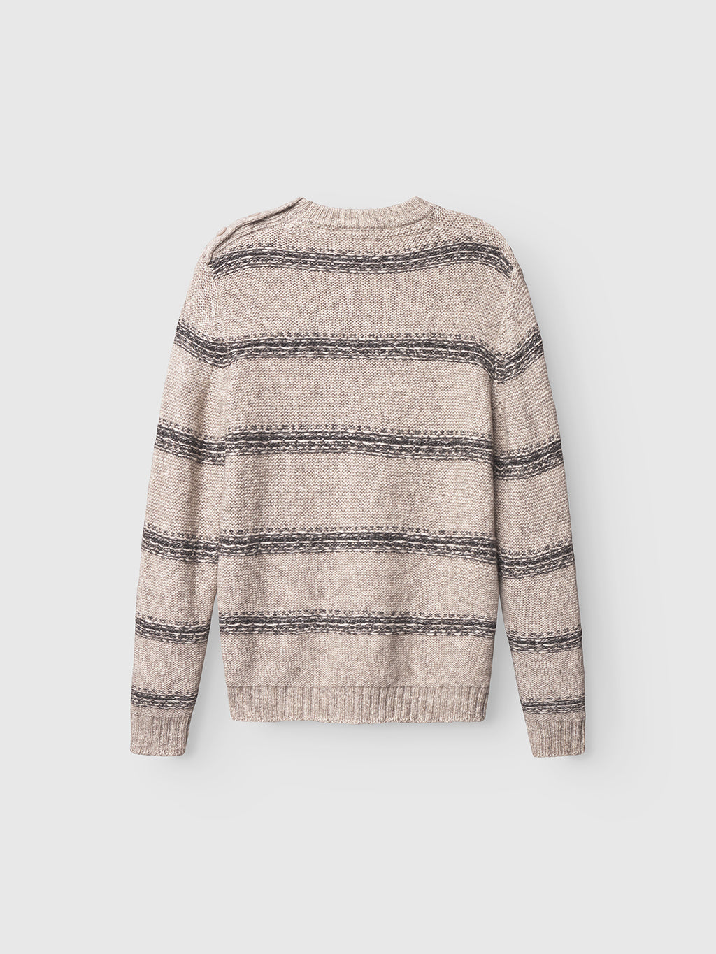 The Gabba Osaka Fay LS - Ecru, a beige long-sleeve top with dark horizontal stripes made from soft melange yarns, is shown flat on a plain white background with the back of the garment visible.