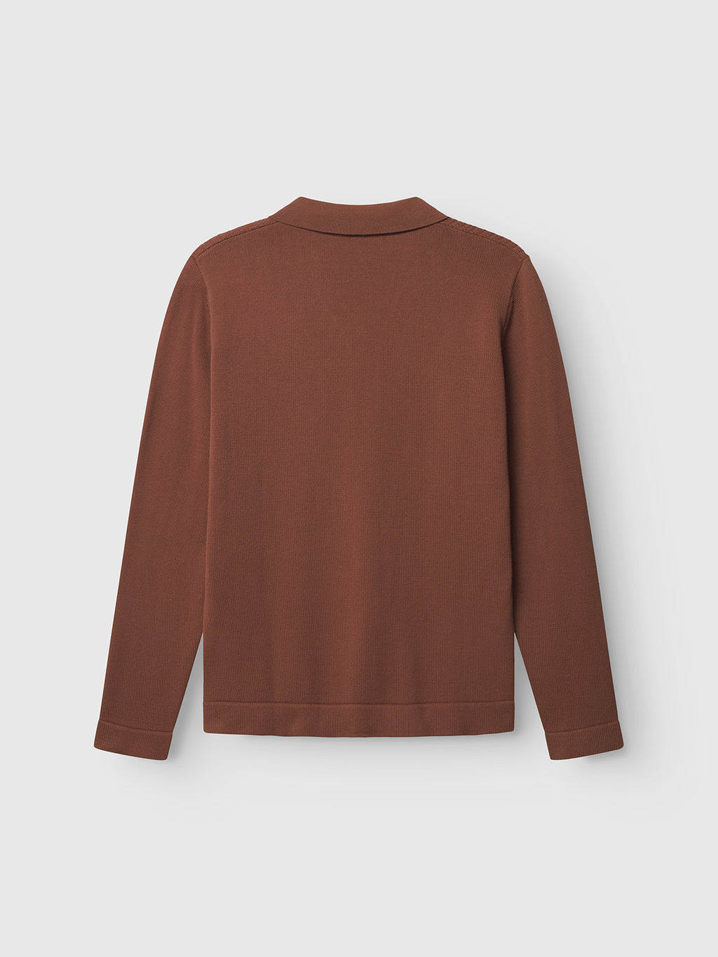 The Gabba Sakai Wong LS in brown rust features a resort-style collar and long sleeves, displayed from the back on a plain white background.