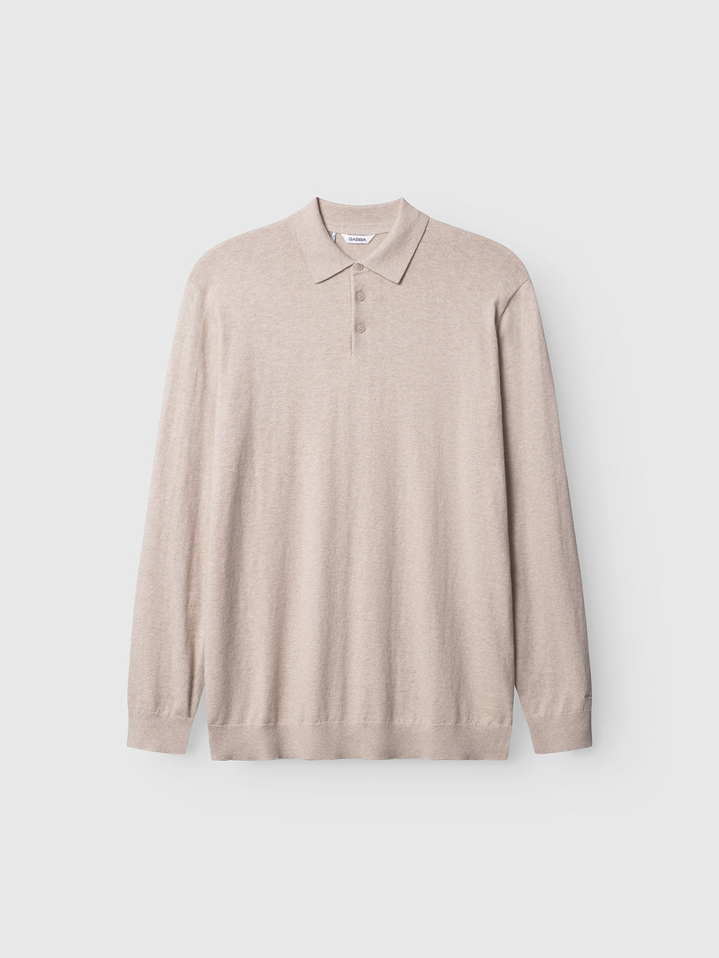 The Gabba Akita Prex LS - Sand is a beige, long-sleeve collared polo with three buttons, designed for refined comfort and shown on a light gray background.