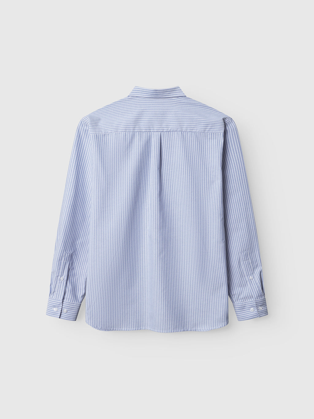 Back view of the Gabba Sven Reg Crest LS - Blue Stripe shirt, showcasing light blue and white vertical stripes, yoke detail, and buttoned cuffs. This long-sleeve Oxford shirt is displayed on a plain white background.