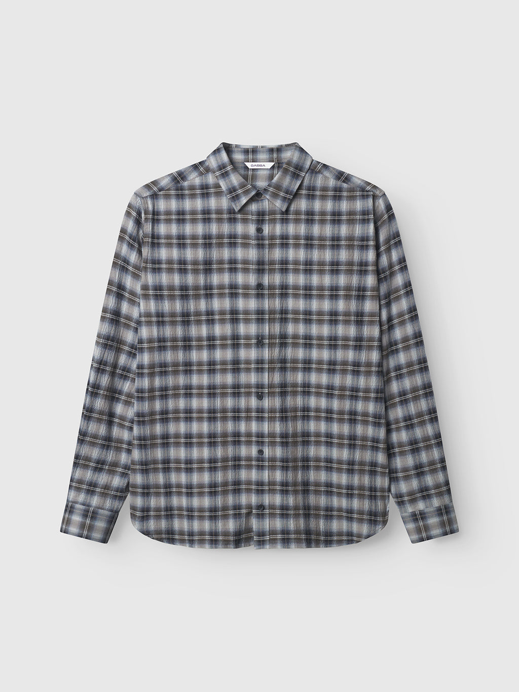 Gabba Sven Reg Crepe LS - Blue Check: a long-sleeved shirt with a classic collar and blue, grey, and white checks, ideal for smart casual styles—shown flat on a light grey background.
