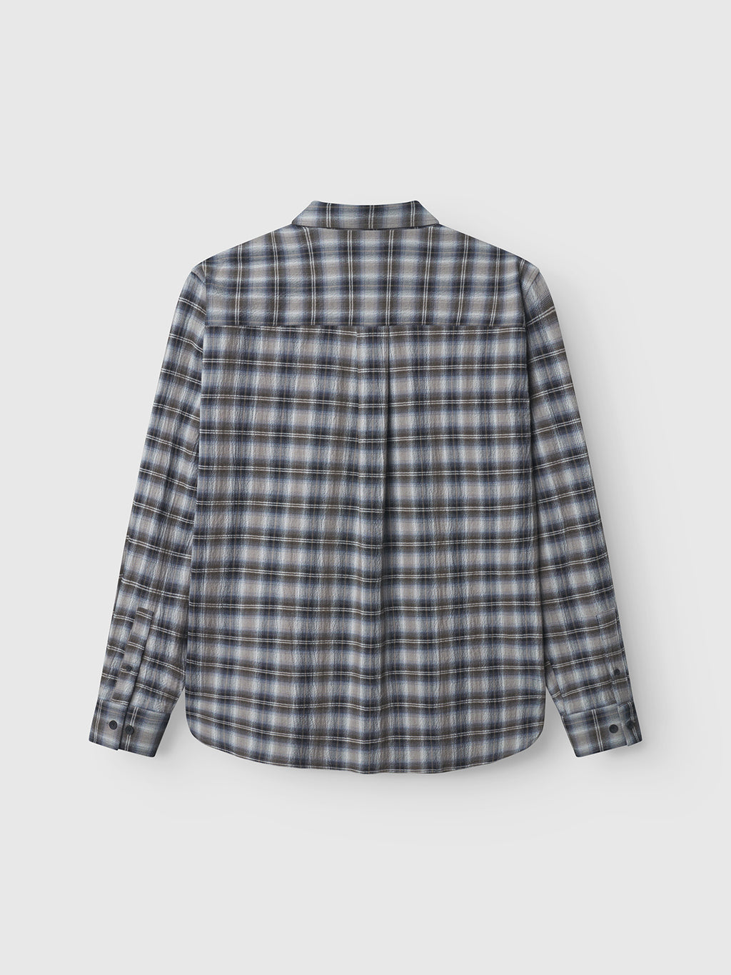 The Sven Reg Crepe LS - Blue Check by Gabba is a smart casual long-sleeve shirt featuring a blue, white, and gray plaid pattern, shown from the back against a plain light background.