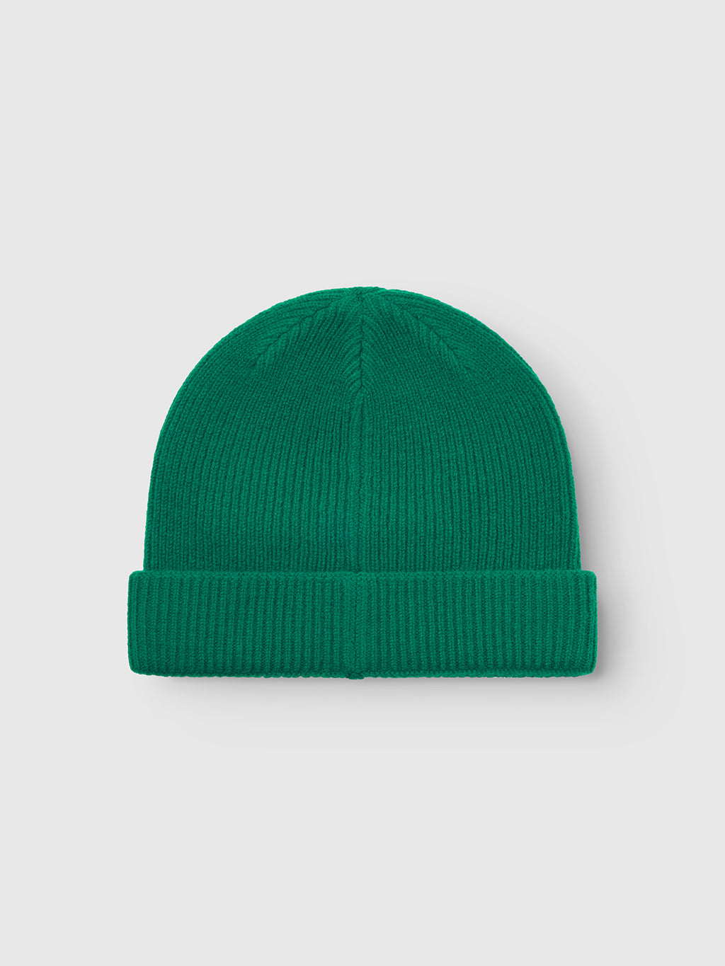 The Gabba Biella Aico - Green beanie is made from soft ribbed wool with a folded cuff and is shown flat against a light gray background.