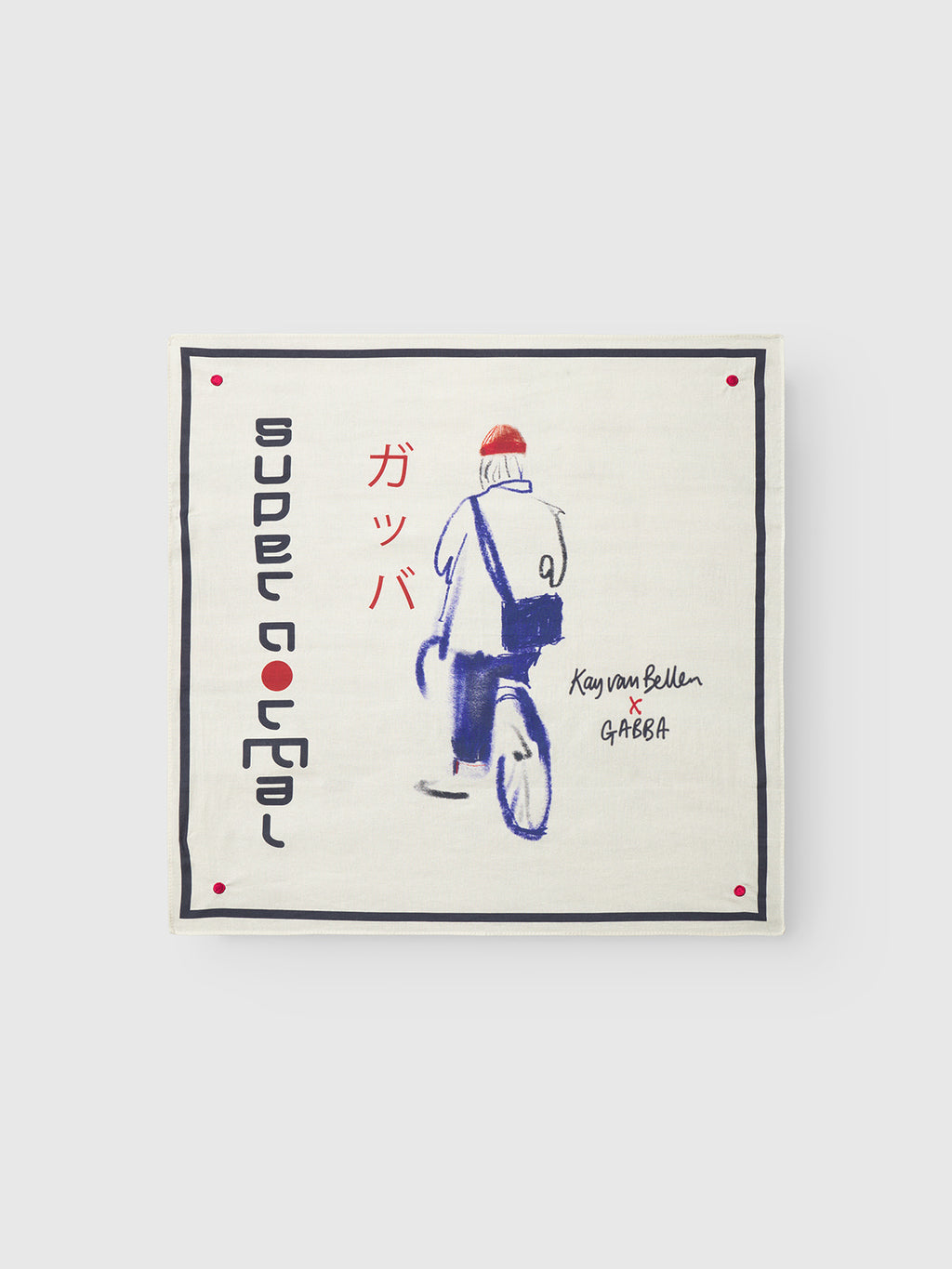 The Bandana Kay - Multi Pattern by Gabba features an abstract person in a red hat and blue clothes, Japanese text, and “Super Global” with “Kanyan Bellen x Gabba” on a light background.