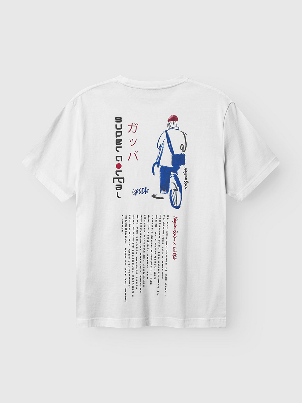 The Gabba Dune Kay Man SS GOTS - White T-shirt features a colorful back graphic of a stylized cyclist, Japanese characters, and the words “Super Original” and “Appreciate Courage”—a sustainably made minimalist tee.