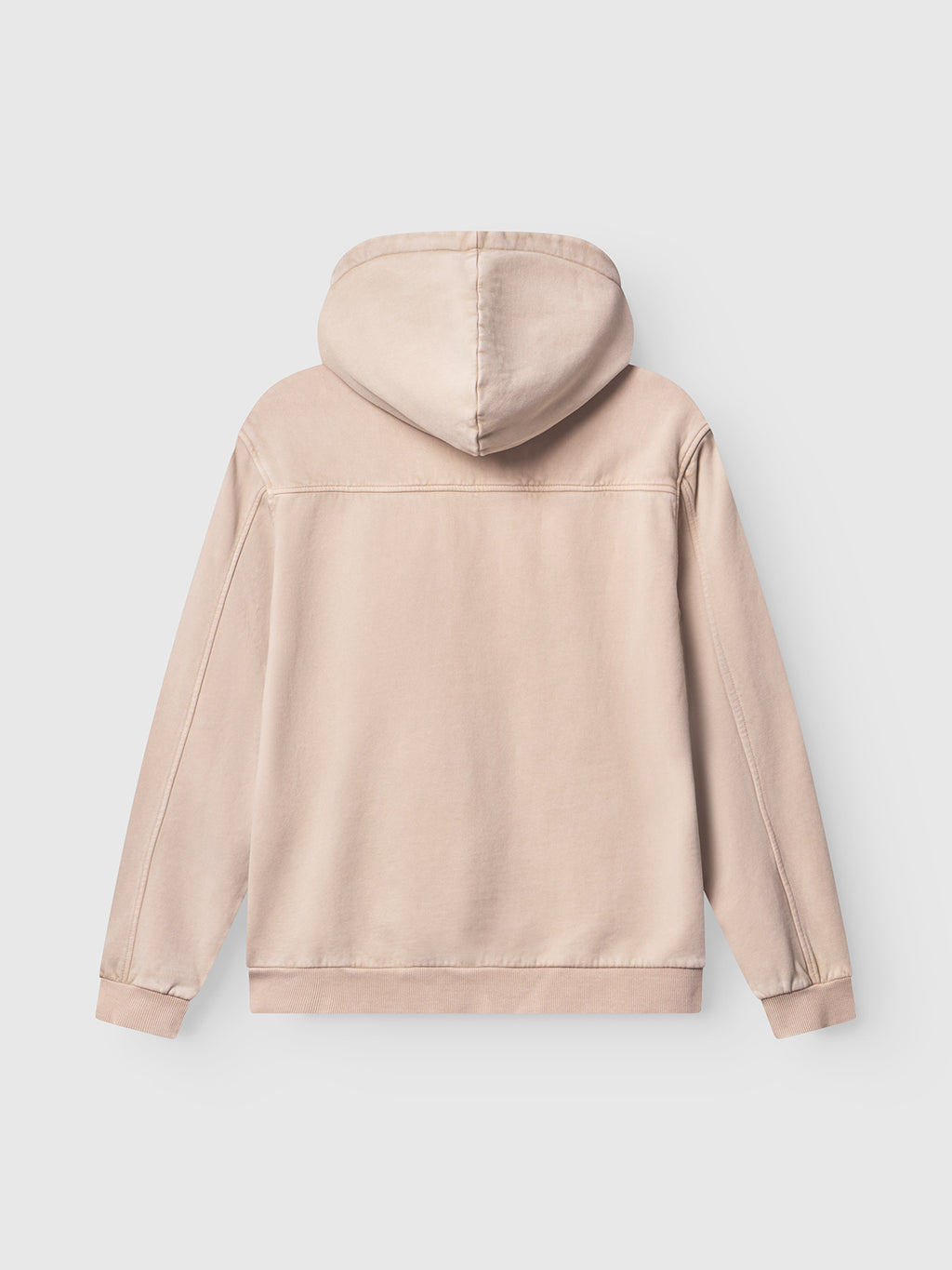 The Gabba Delphi Bump GWC - Sand hoodie, shown from the back with long sleeves and ribbed cuffs, is laid flat on a light grey background—ideal for casual layering.