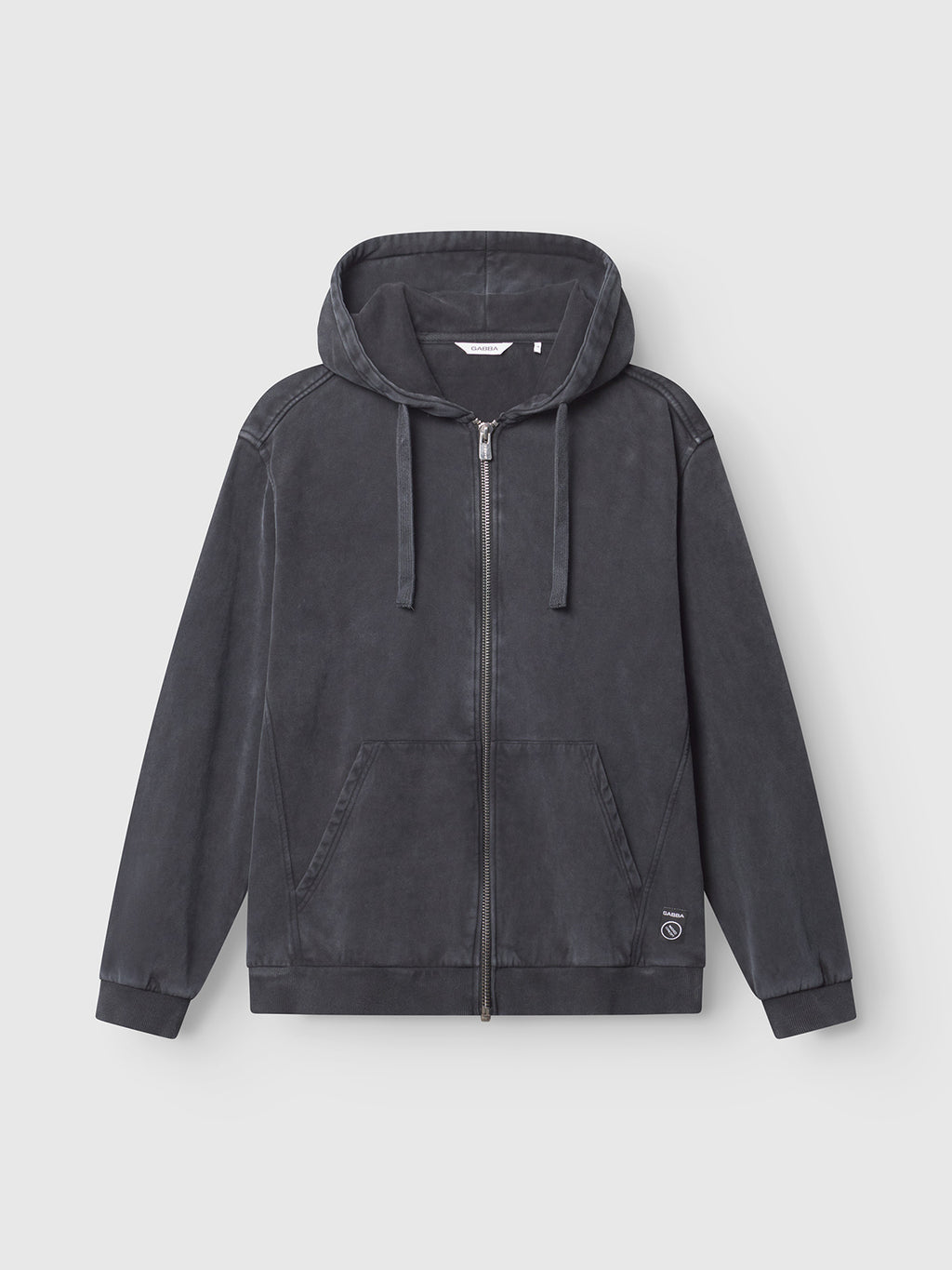 The Gabba Delphi Bump GWC - Black is a zip hoodie featuring a drawstring hood, front pockets, and ribbed cuffs, made from ultra-soft fabric and shown on a light gray background.
