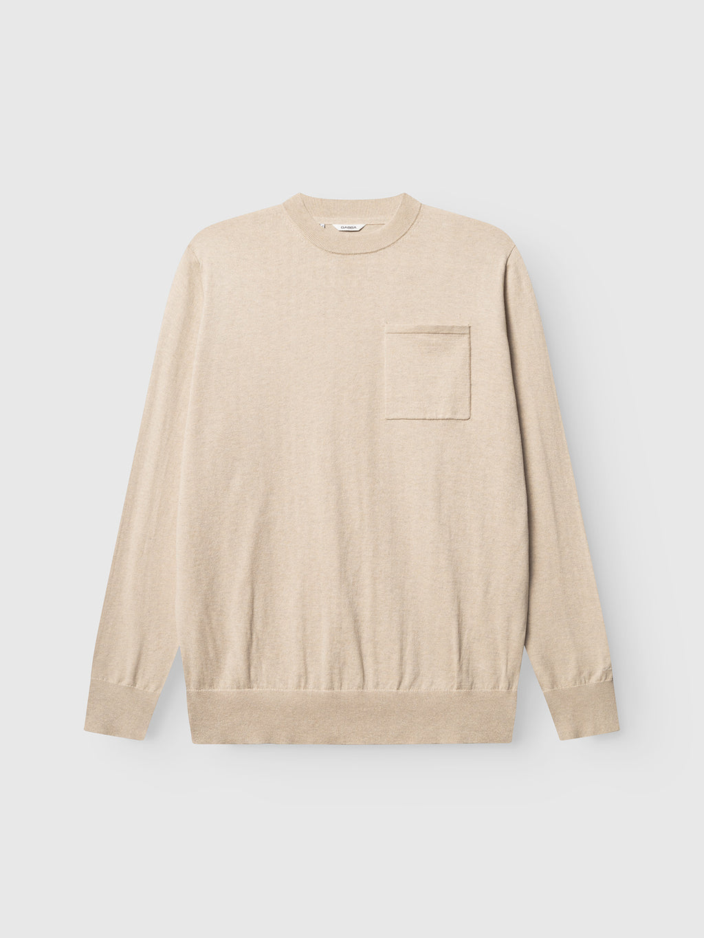 Gabba Amori Prex LS sweater in sand, featuring a crew neck, ribbed cuffs, and chest pocket, shown flat on a white background.