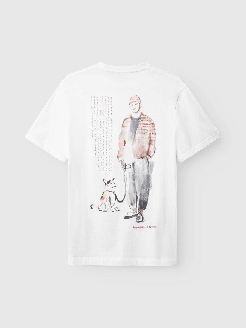 The Gabba Dune Kay Man Bauw SS GOTS - White is a minimalist T-shirt made from GOTS-certified organic cotton, featuring a watercolor-style illustration with vertical text on the back.