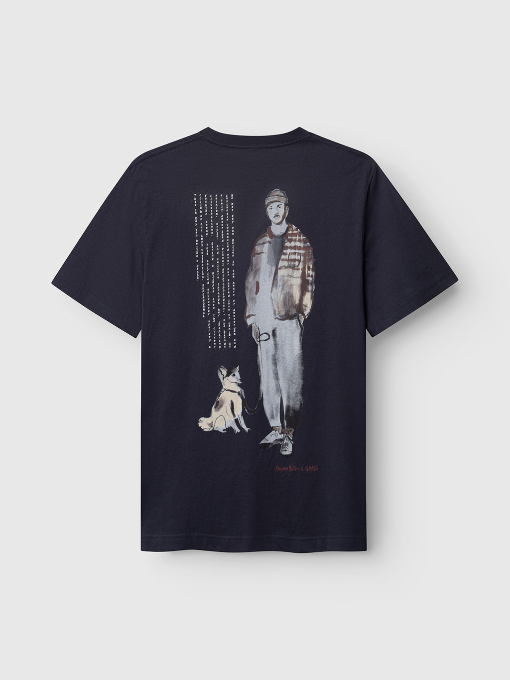 The Gabba Dune Kay Man Bauw SS GOTS T-shirt in navy features a back graphic of a man with his dog and vertical white text, crafted from GOTS-certified organic cotton and inspired by the Dune Kay Man Bauw collection.