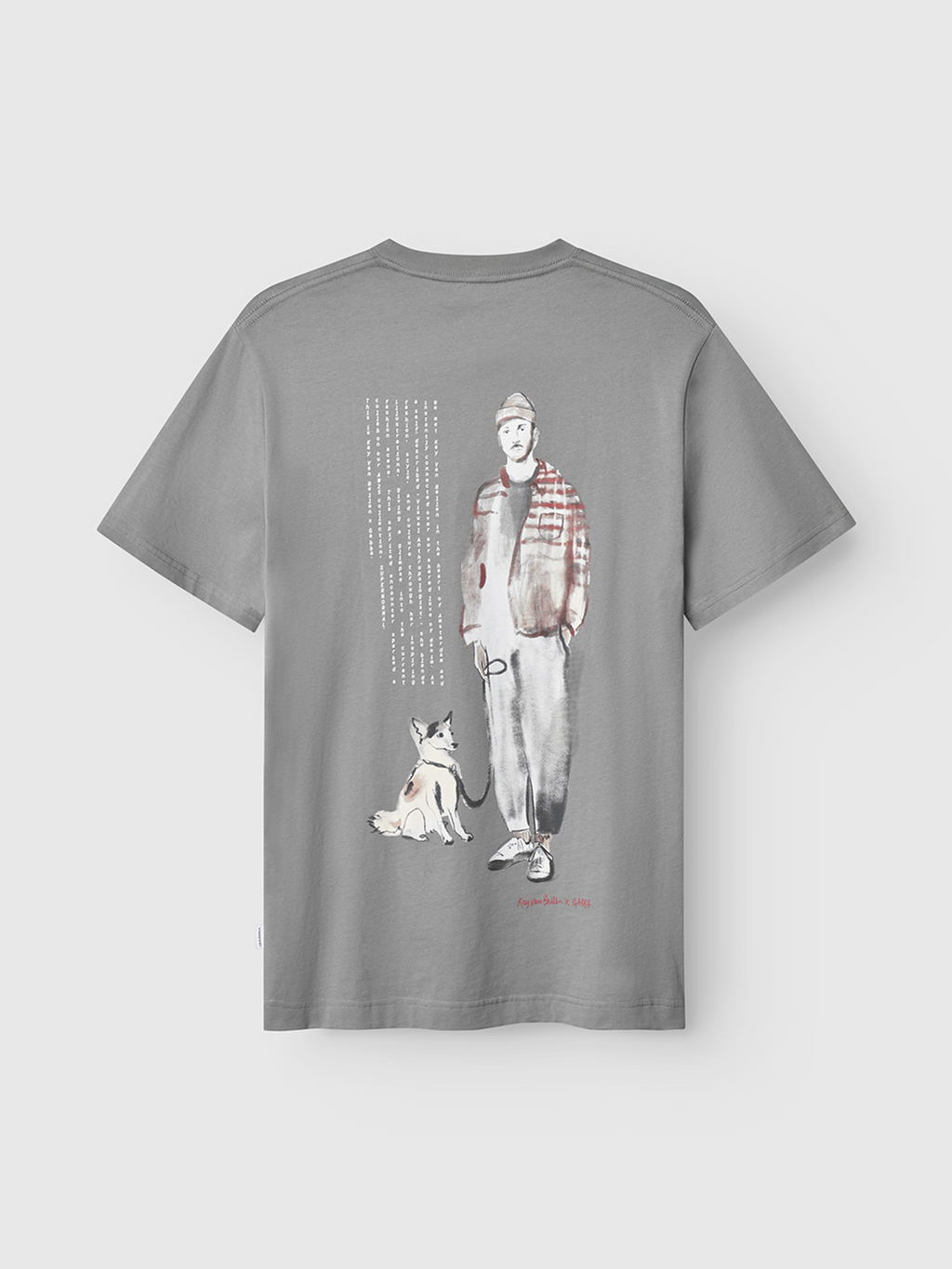 The Gabba Dune Kay Man Bauw SS GOTS in Dust Sage Green is a minimalist T-shirt with a custom beanie-wearing man and his dog illustration on the back, vertical white text, and is made from GOTS-certified organic cotton.