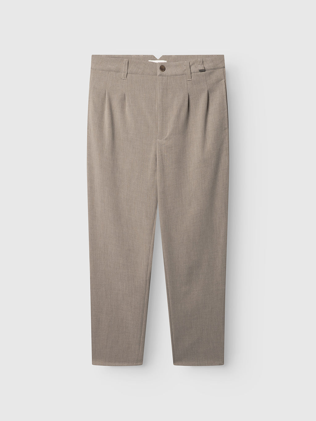 The Firenze Phin Cropped GRS - Sand trousers by Gabba feature a light brown hue, straight leg, subtle front pleats, belt loops, and button closure, shown against a plain white background.