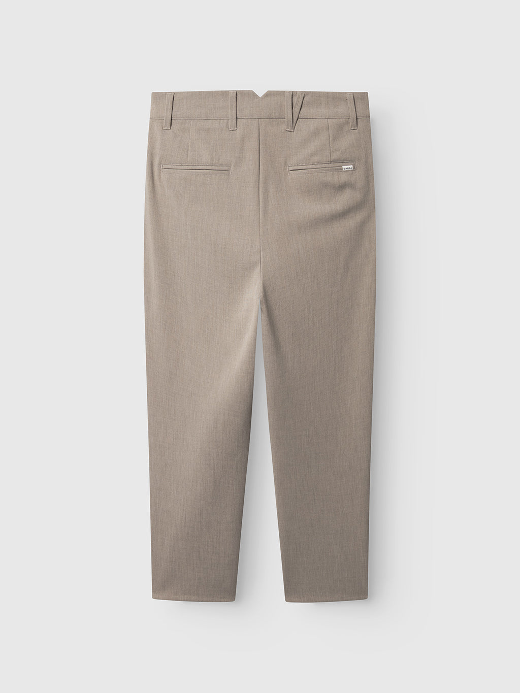 The Gabba Firenze Phin Cropped GRS - Sand trousers in light brown feature a subtle textured fabric, two back welt pockets, belt loops, and a cropped tailored fit, shown here from the back.