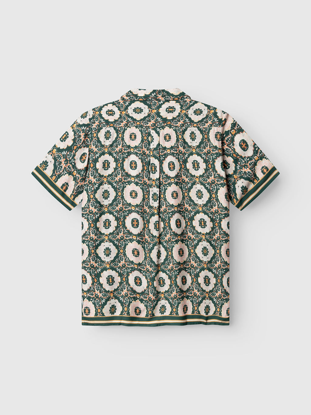 The Gabba GABsven Reg Resort Oro SS Shirt features a vintage-inspired green pattern with abstract florals, contrasting striped trim on the sleeves and hem, and is displayed flat with the back facing up.
