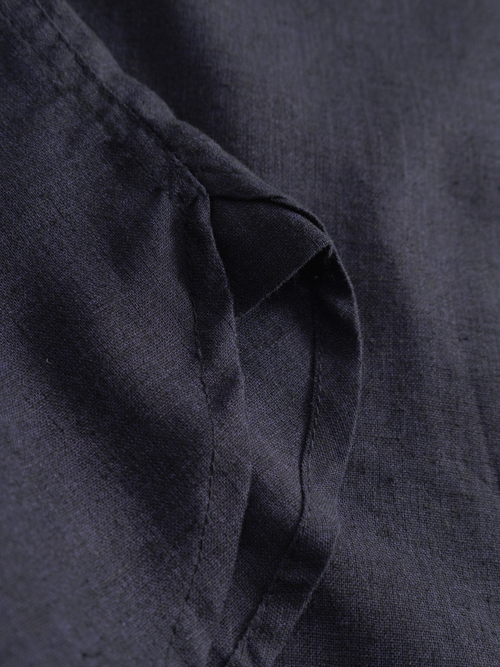 Close-up of the Gabba GABsven Reg Lins LS Shirt in navy, showing its classic collar, textured fabric, detailed stitching on the visible seam, and a partially open pocket.