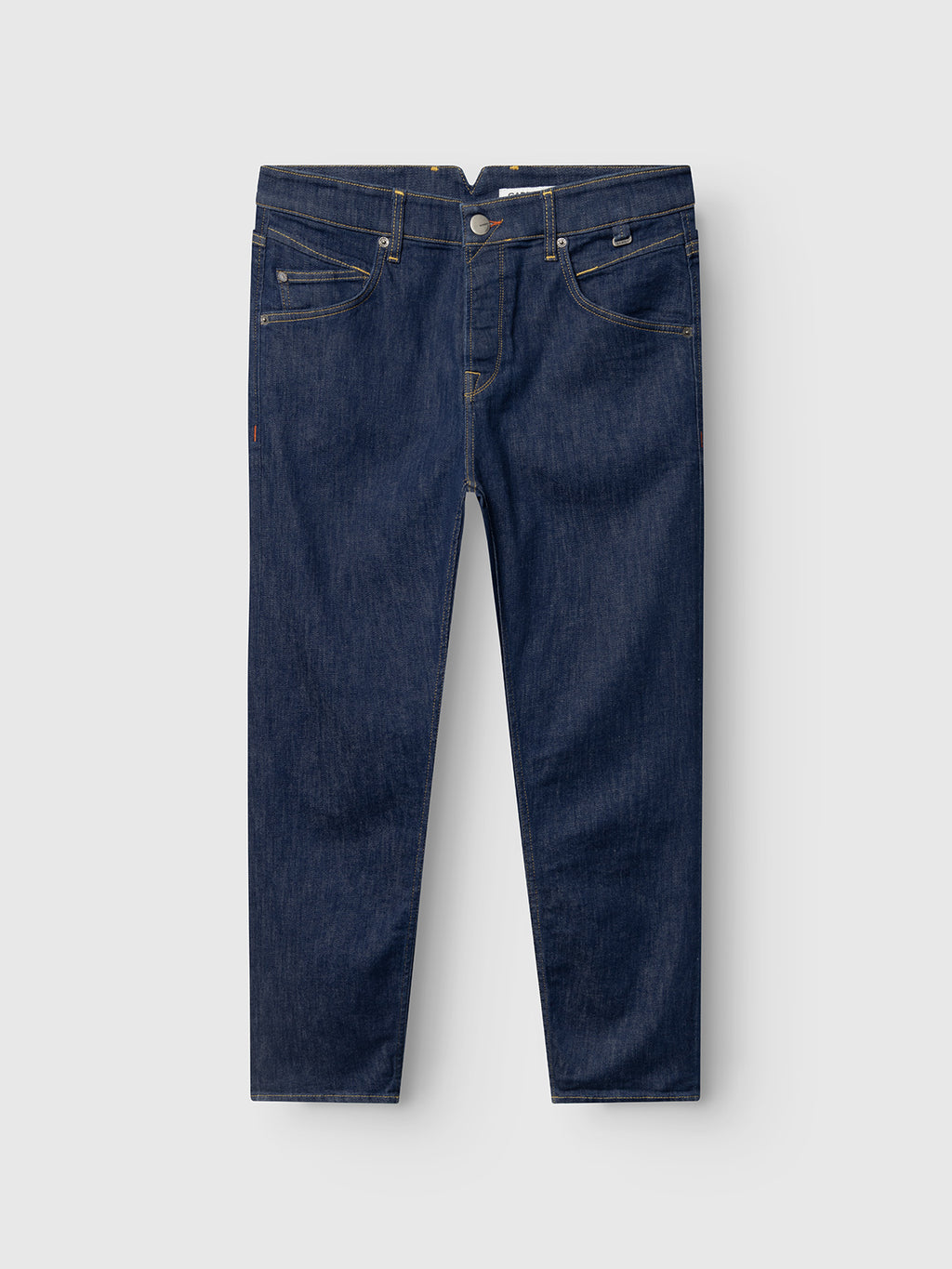 The Gabba GABalex SX Cropped Jeans in dark denim feature a straight-leg fit, yellow stitching, button and zipper closure, front and back pockets, and are shown flat on a light gray background.
