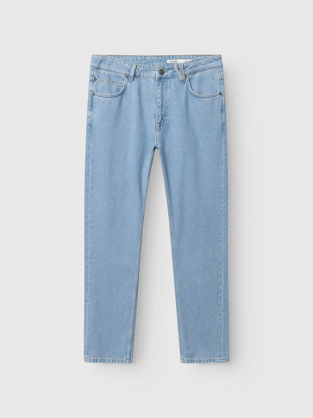 Gabba’s GABmarc 5poc Lig Jeans in light blue denim feature a regular fit, classic 5-pocket style, straight leg cut, and button-zip closure, shown laid flat on a white background.