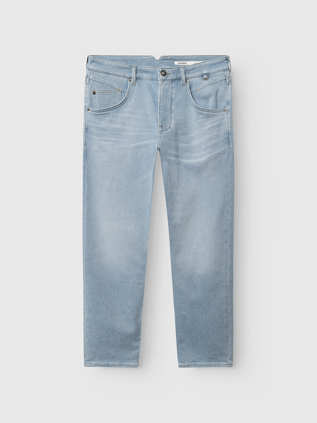 The Gabba GABalex Dynamic Cropped Jeans in light blue denim feature a straight-leg fit, classic five-pocket style, button and zip fly, front fading, and comfort-stretch fabric. Shown laid flat on a white background.