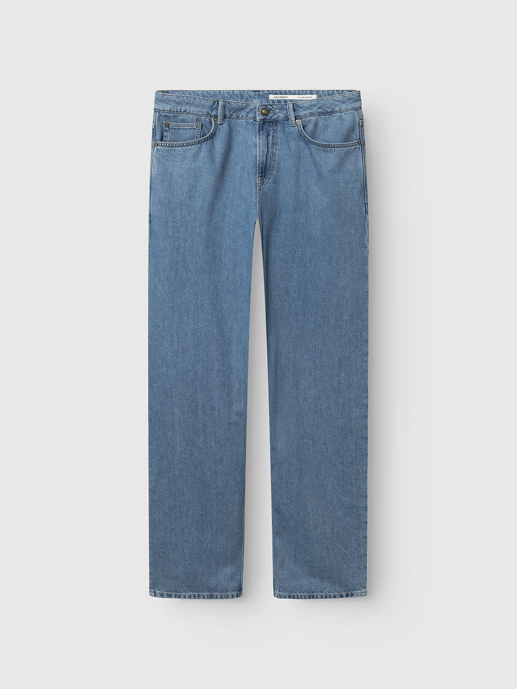 The Gabba GABnoah Brook Jeans in denim wash feature a classic straight-leg fit, five pockets, and a button closure, shown laid flat on a white background.