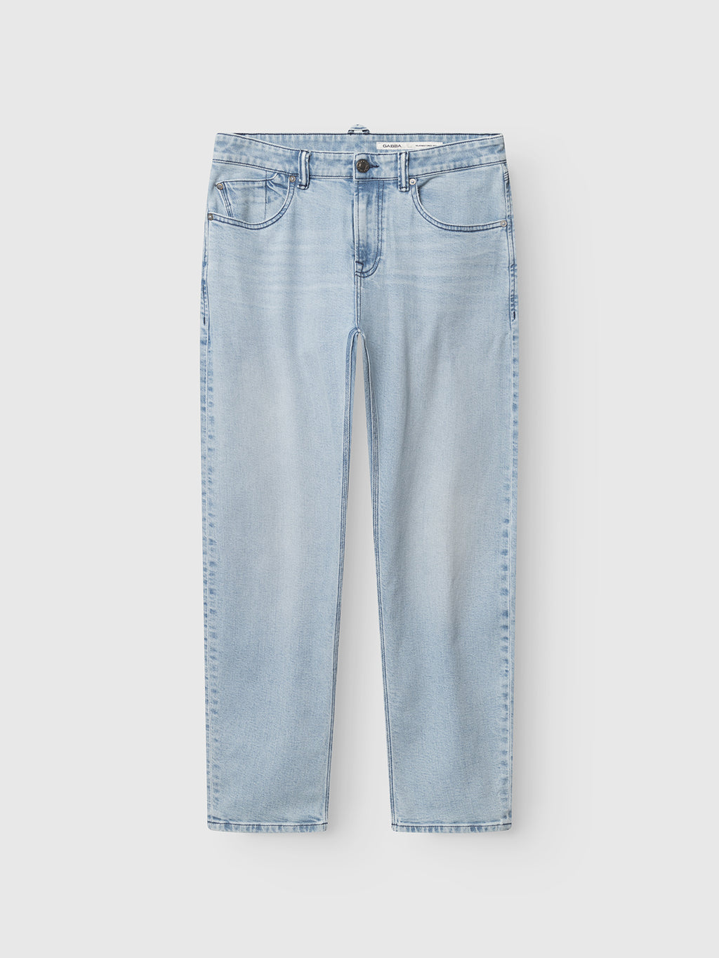 Gabba GABcarl Swif Jeans in light blue denim feature a high waist, straight leg, five pockets, belt loops, and a button-zip closure, shown flat on a white background.