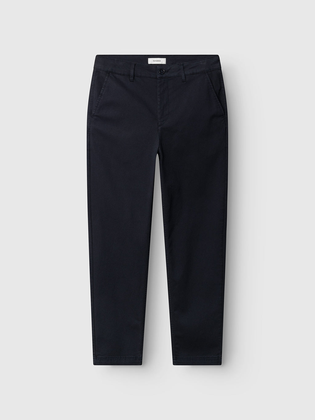 The Gabba GABjoe Nopleats Dale Pant in Blue Black—straight-leg chinos made from high-stretch cotton-blend, featuring side pockets, belt loops, and a button-and-zip closure—shown flat on a light gray background.