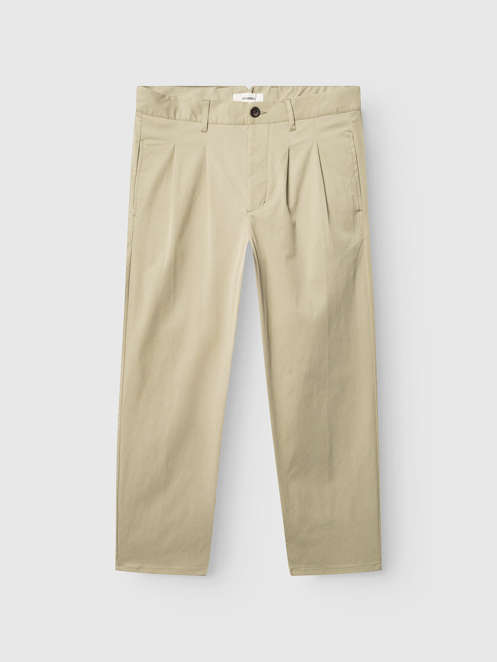 The Gabba GABfirenze Bolu Cropped TENCEL™ Pant in Alfa Green features a button and zipper closure, belt loops, pleated front, and straight legs, shown flat on a white background.