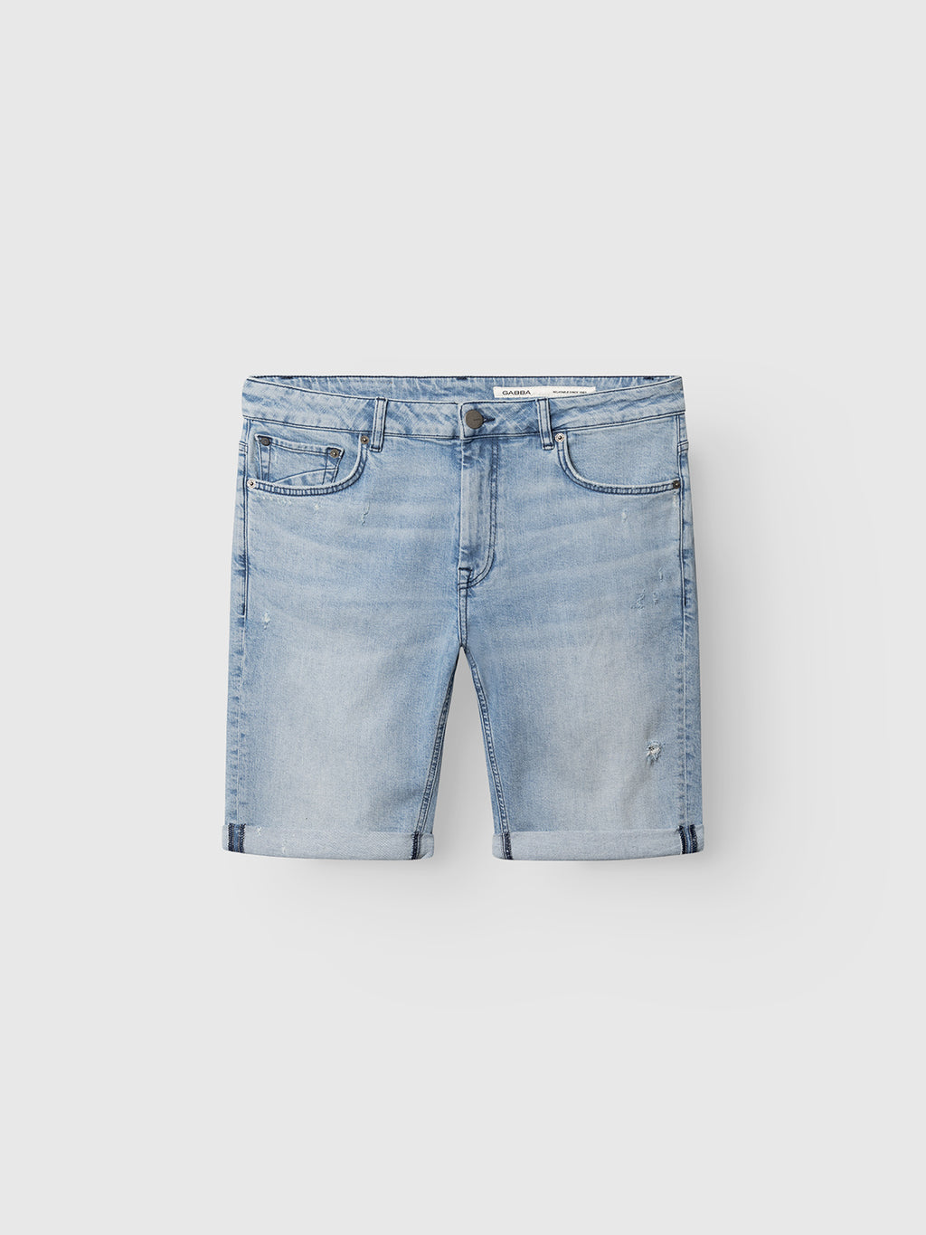 Gabba GABmarkus Derby Shorts in mid blue denim feature rolled-up hems, five pockets, subtle fading, and a button fly. Shown against a plain white background.