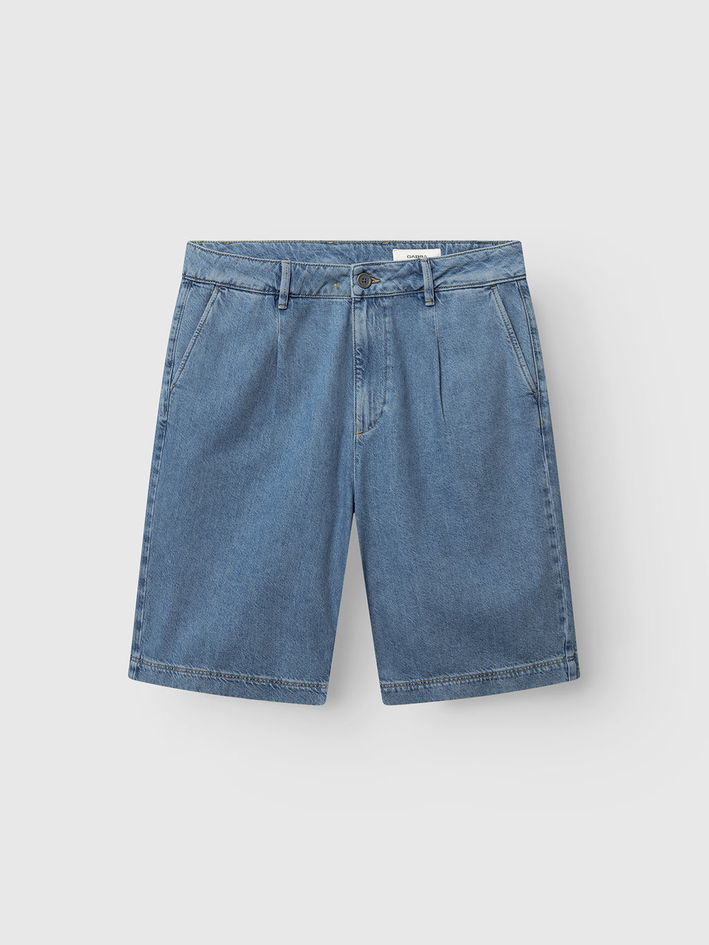 The Gabba GABmoro PasBrook Shorts in denim wash feature a relaxed fit, button and zipper closure, front pockets, and belt loops—a stylish summer essential shown against a plain white background.