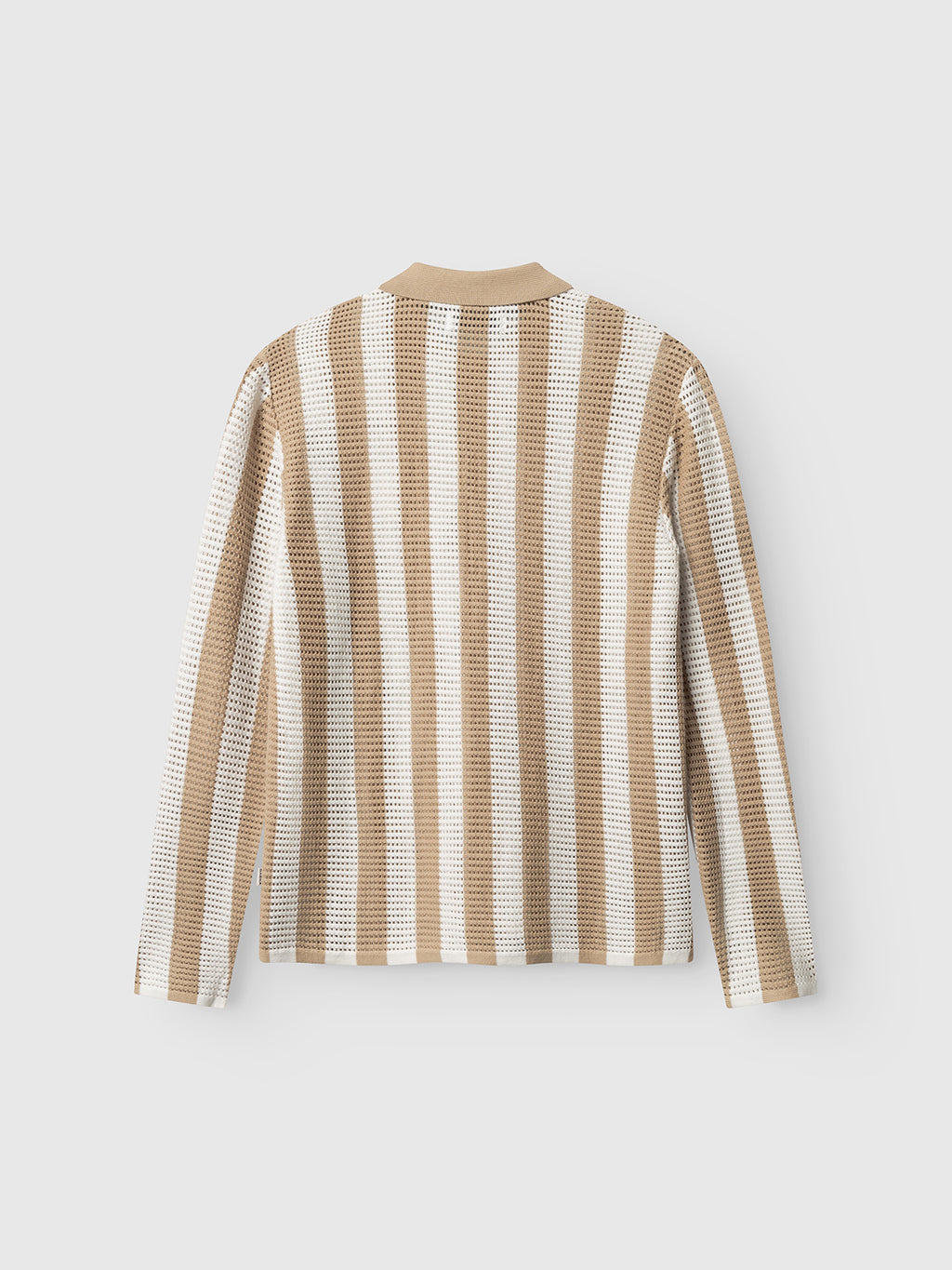 The Gabba GABdezz Bold LS Knit in beige stripe is a 100% cotton long-sleeve shirt with vertical beige and white stripes, shown from the back on a white background. Lightweight, textured fabric ensures comfort and breathability.