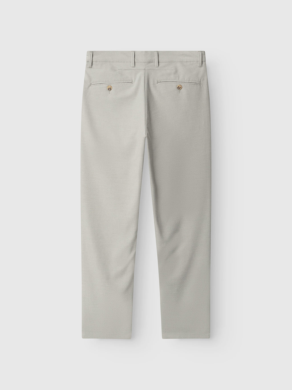 The Gabba GABpaul Deme Pant in Mineral Gray is shown from the back, featuring a straight-leg cut, two buttoned rear welt pockets, belt loops, and refined micro-pattern fabric, displayed against a plain white background.