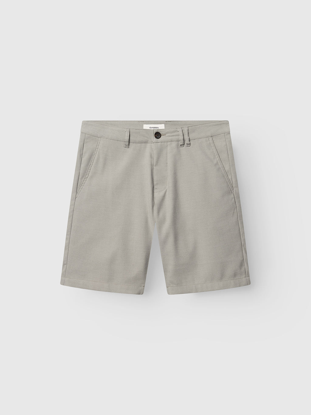 The GABjet Deme Shorts by Gabba in Mineral Gray are slim-fit chino shorts with front slant pockets, belt loops, and a button-zip fly, shown flat on a white background.